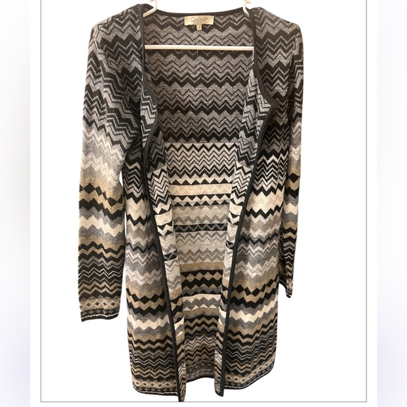 Cocogio Italy Longline Chevron Cardigan Sweater Medium Neutral Knit Open Front - Picture 3 of 9